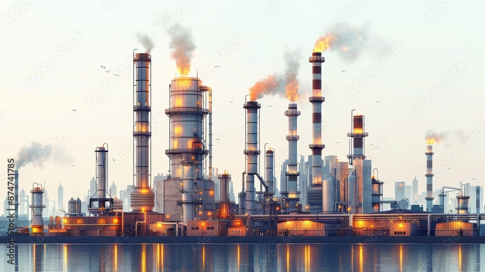 Industrial oil refinery on riverbank with smokestacks emitting smoke at sunset, reflecting on water, emphasizing industry and environment. Industrial oil refinery on riverbank with smokestacks emitting smoke at sunset, reflecting on water, emphasizing industry and environment.