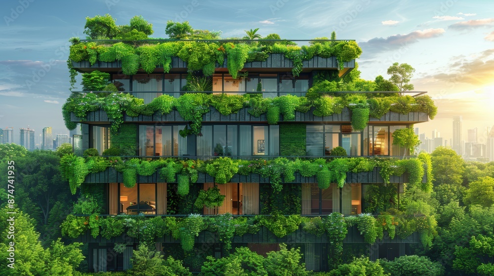 Modern eco-friendly building covered in lush green foliage with a background of a city skyline at sunrise. Modern eco-friendly building covered in lush green foliage with a background of a city skyline at sunrise.
