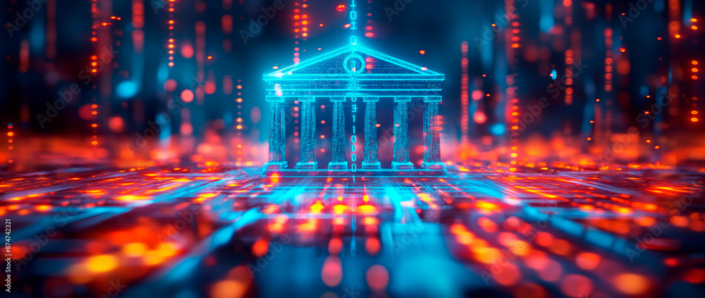 A digital blue wireframe building on a glowing orange circuit board, symbolizing technology concepts. Generative AI A digital blue wireframe building on a glowing orange circuit board, symbolizing technology concepts. Generative AI