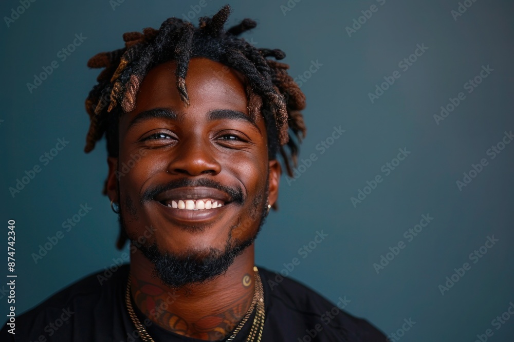 Stylish Ethnic Man with Braided Hair and Jewelry Smiling in Studio Stylish Ethnic Man with Braided Hair and Jewelry Smiling in Studio