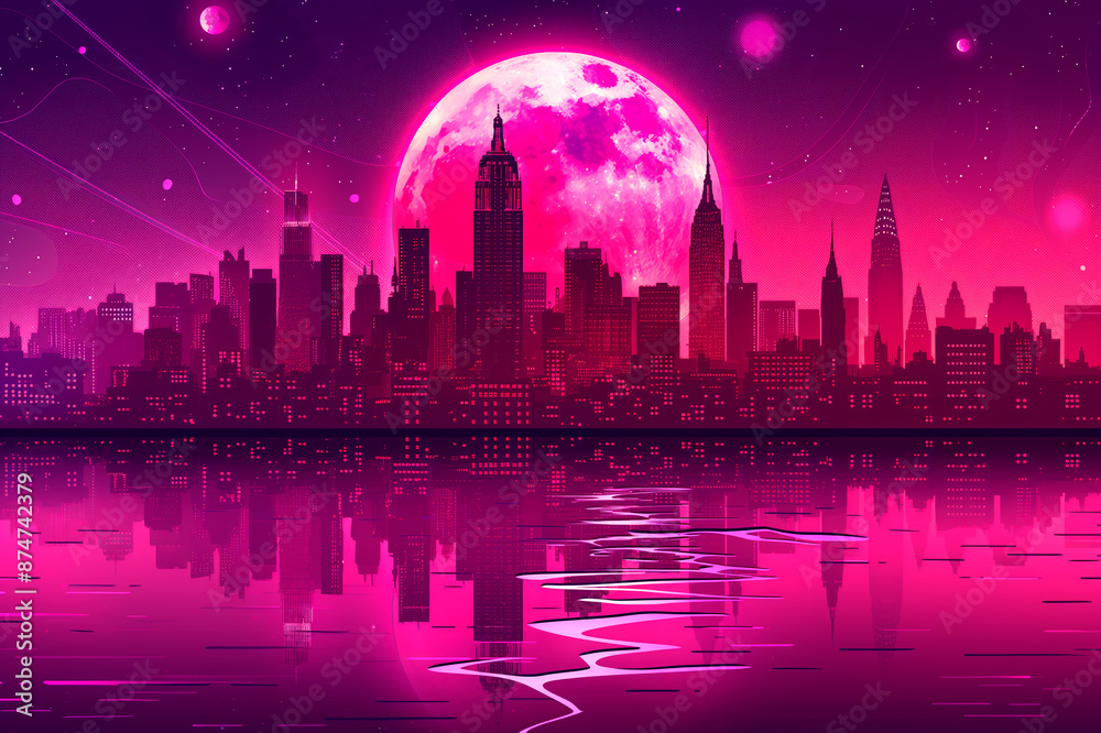 Φωτογραφία A futuristic city skyline under a large pink moon with reflections on water, digital art style, on a purple-pink background, concept of a fantasy urban landscape
