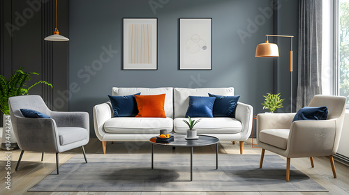 Elegant living room with blue and orange accents