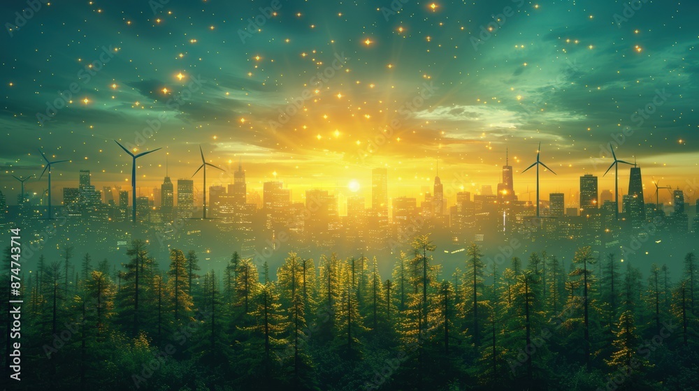 A stunning view of a modern city skyline with wind turbines at sunset, seen through a foreground of lush forests, under a glowing sky. A stunning view of a modern city skyline with wind turbines at sunset, seen through a foreground of lush forests, under a glowing sky.