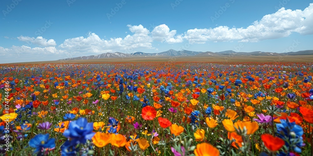 Fototapeta premium A Serene Wildflower Meadow Under a Clear Blue Summer Sky, Bathed in Sunlight