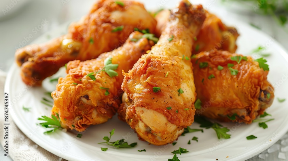 Crispy fried chicken drumsticks on a white plate, garnished with fresh herbs, ready to serve. Crispy fried chicken drumsticks on a white plate, garnished with fresh herbs, ready to serve.