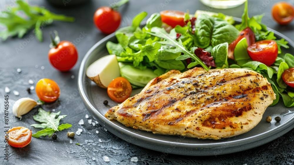 Delicious grilled chicken breast with a side of fresh salad on a stylish plate for lunch.