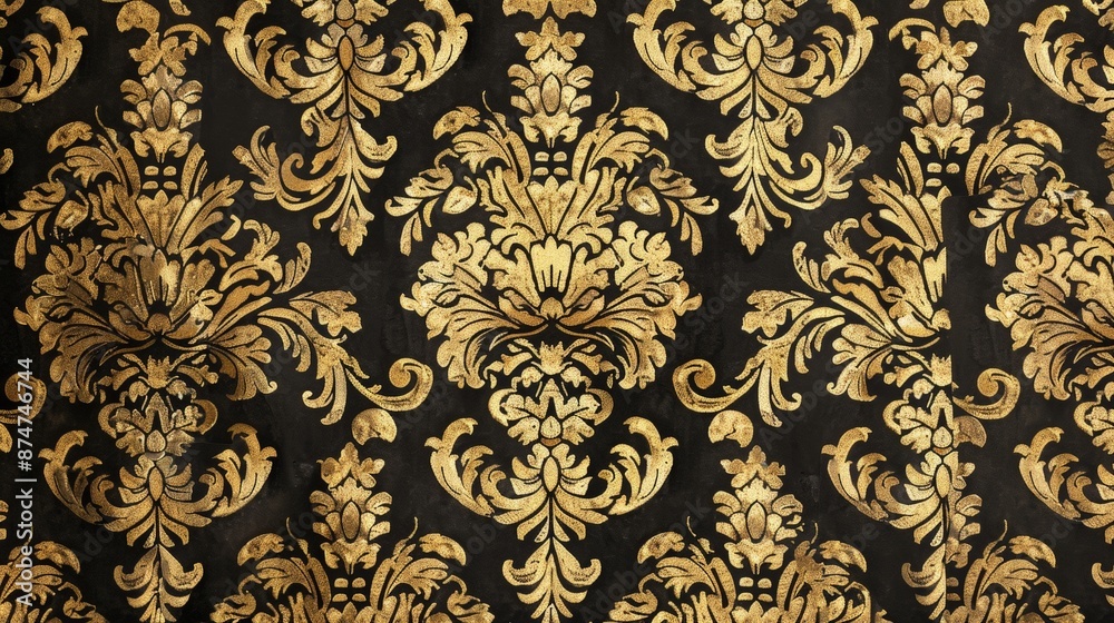 A sophisticated damask pattern in luxurious gold and black, perfect for elegant wallpapers and upholstery. A sophisticated damask pattern in luxurious gold and black, perfect for elegant wallpapers and upholstery.