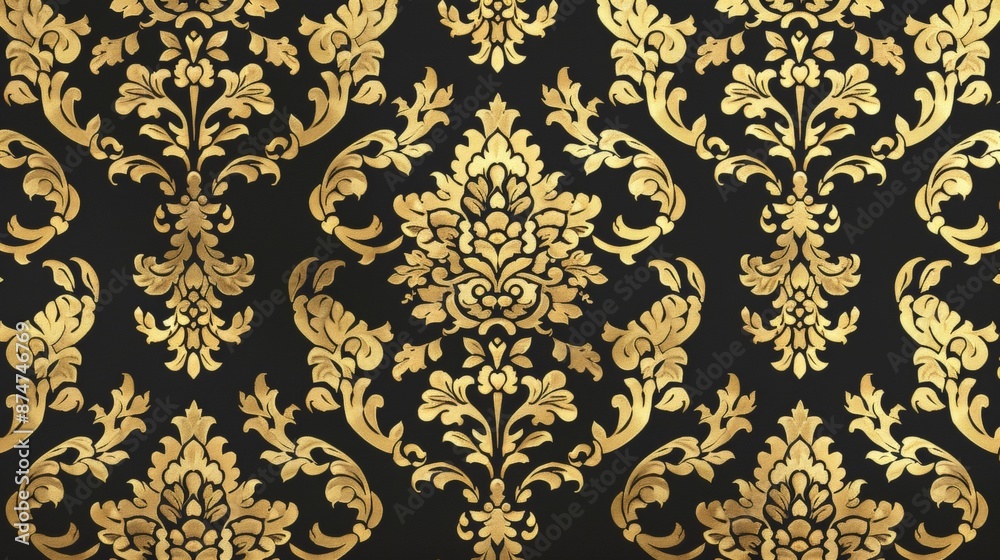 A sophisticated damask pattern in luxurious gold and black, perfect for elegant wallpapers and upholstery. A sophisticated damask pattern in luxurious gold and black, perfect for elegant wallpapers and upholstery.
