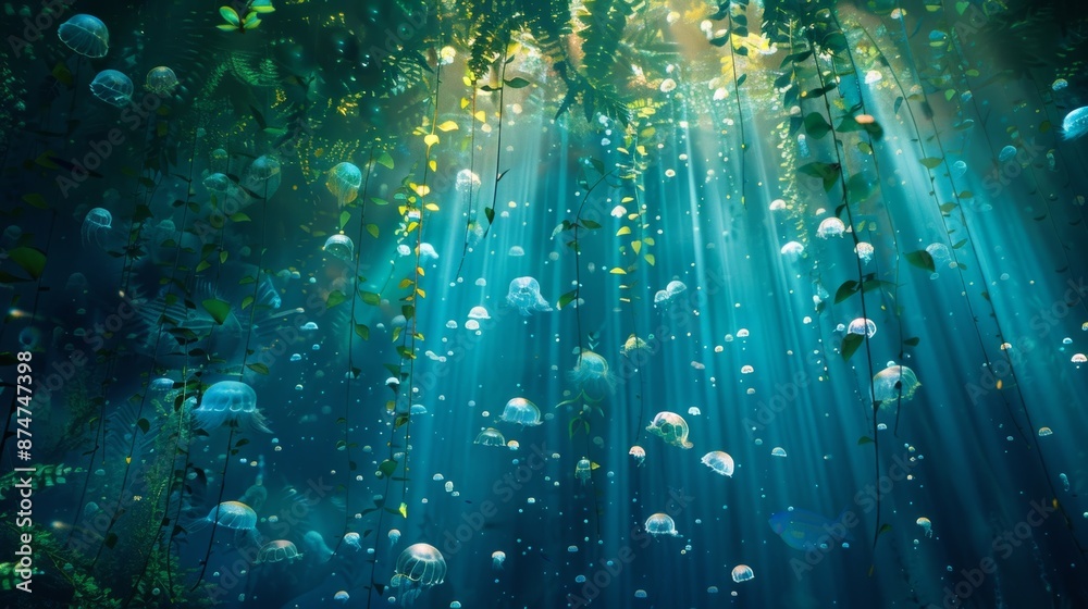 Fototapeta premium A curtain of feathers and leaves billow in a gentle underwater current revealing a hidden paradise beneath. Glowing jellyfish and lush vibrant foliage create a surreal underwater oasi
