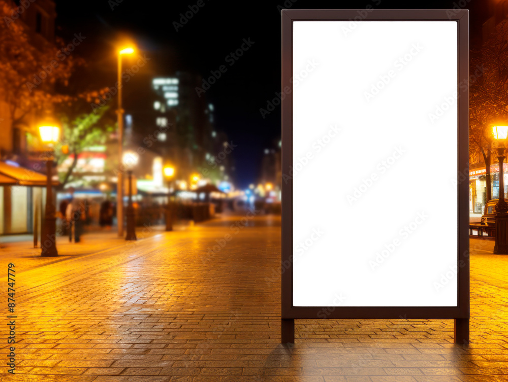 Blank advertising billboard at night on a city street, illuminated background, concept of outdoor advertising. Generative AI Blank advertising billboard at night on a city street, illuminated background, concept of outdoor advertising. Generative AI