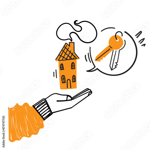 hand drawn doodle hand holding mini house and key