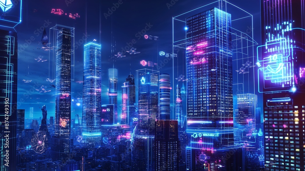City skyline at night with vibrant neon lights, showcasing futuristic skyscrapers with digital displays of stock market trends and cryptocurrency values City skyline at night with vibrant neon lights, showcasing futuristic skyscrapers with digital displays of stock market trends and cryptocurrency values