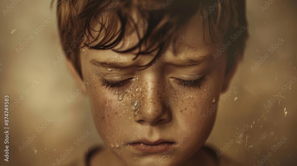 Sad Boy Crying. Portrait of a Young Child with Tears Streaming Down Face, Conveying Emotions of Sadness, Grief, and Loneliness Sad Boy Crying. Portrait of a Young Child with Tears Streaming Down Face, Conveying Emotions of Sadness, Grief, and Loneliness