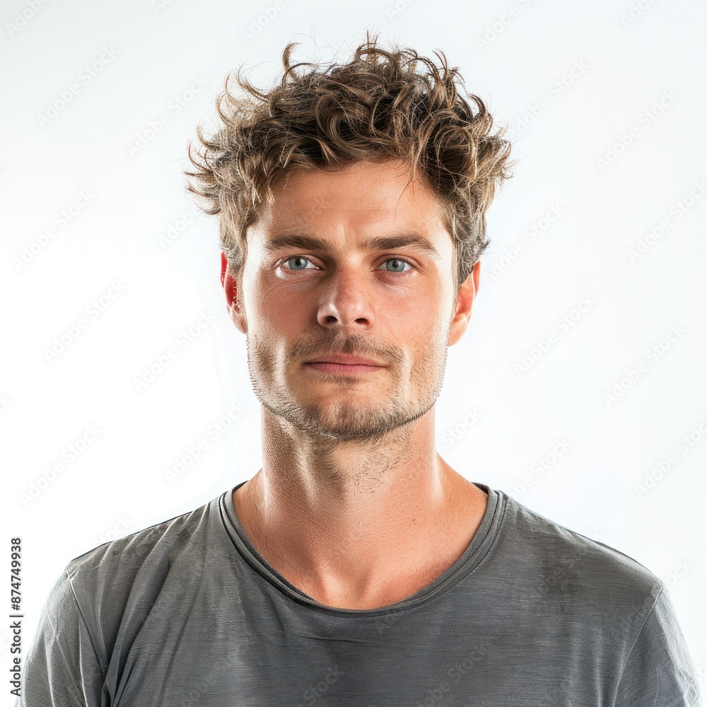 Fototapeta premium Man with a tousled short hairstyle, looking relaxed, wearing a casual t-shirt, Portrait half-body, hyper-realistic, high detail, photorealistic, white background, studio lighting, Key Light, Fill