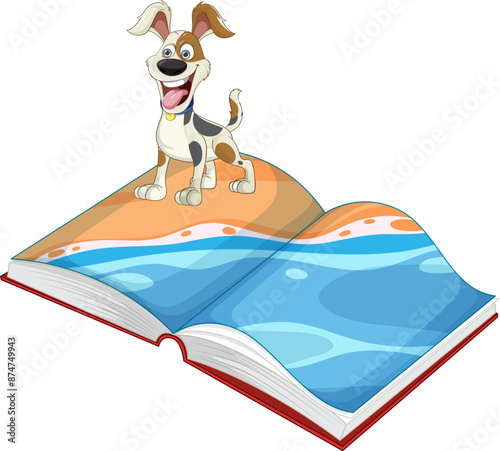 Happy dog standing on an open book