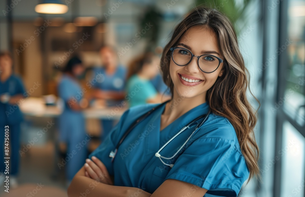 Obraz premium Happy young female nurse stands with arms crossed in a hospital office