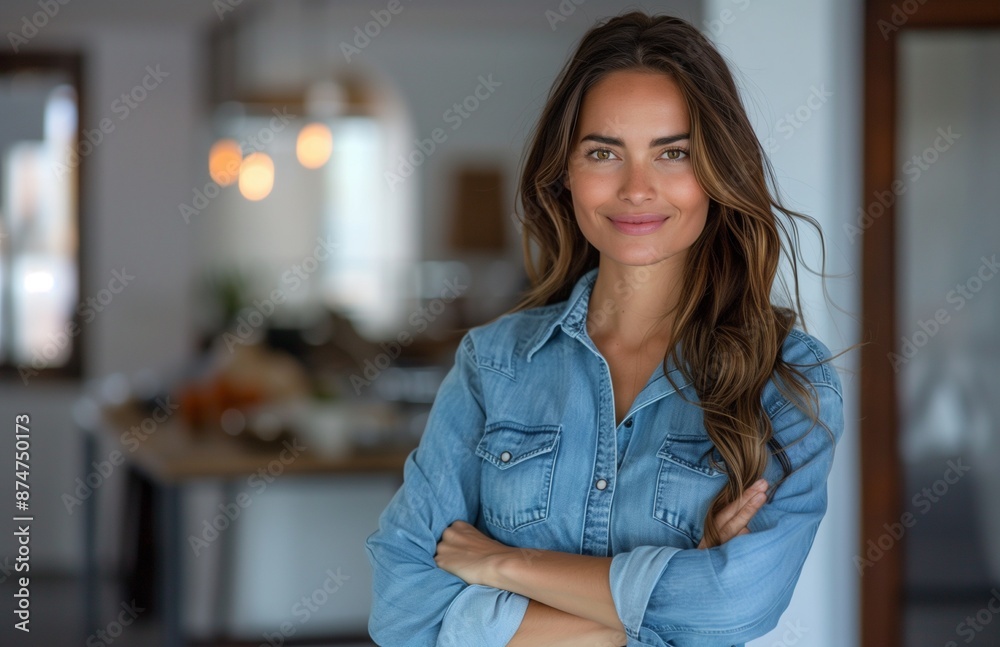 Confident businesswoman standing with folded arms in a contemporary office, radiating professionalism and assurance