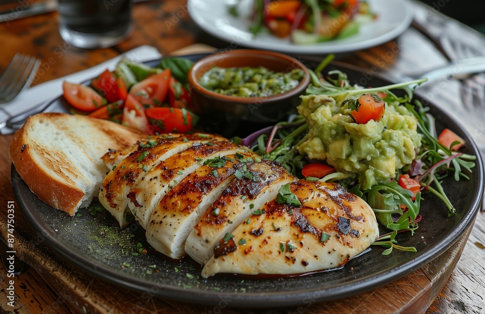 An open dish featuring chicken fillet, guacamole, salad, and a bread slice on top An open dish featuring chicken fillet, guacamole, salad, and a bread slice on top