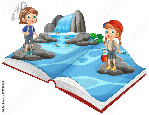 Kids fishing in a magical book