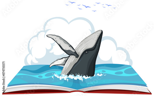 Whale breaching from an open book illustration