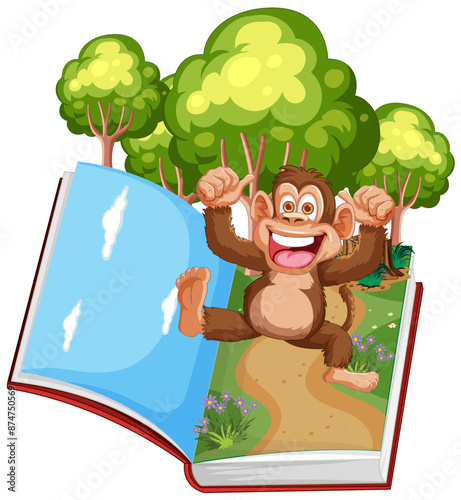 Happy monkey leaping from an open book