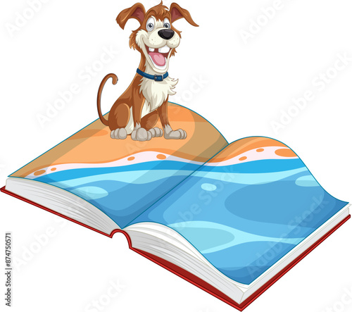 Happy dog sitting on an open book