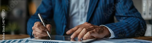 Closeup of financial advisor using a tablet, tax return software displayed, focused expression, modern office, photorealistic