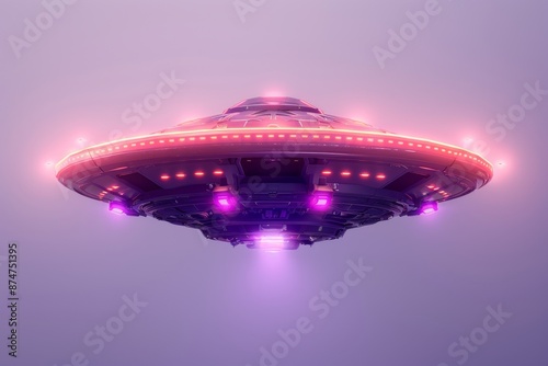 Futuristic UFO with glowing lights on a purple background, evoking mystery and sci-fi elements.