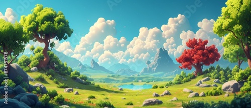 Landscape with grass and blue sky under the beautiful sun, surrounded by nature, mountains, and green fields. beautiful cute 3d cartoon landscape nature plant view