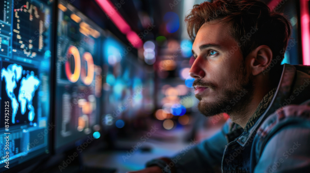 A concentrated programmer examines data on multiple monitors in a dark, modern workspace, highlighting intense focus and technology. A concentrated programmer examines data on multiple monitors in a dark, modern workspace, highlighting intense focus and technology.