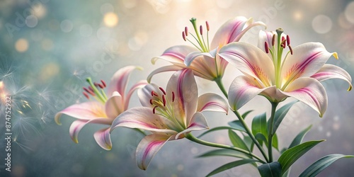 Soft focus portrait of lily flowers surrounding a vacant space, evoking a sense of delicate beauty, against a muted gray background with gentle, natural light.