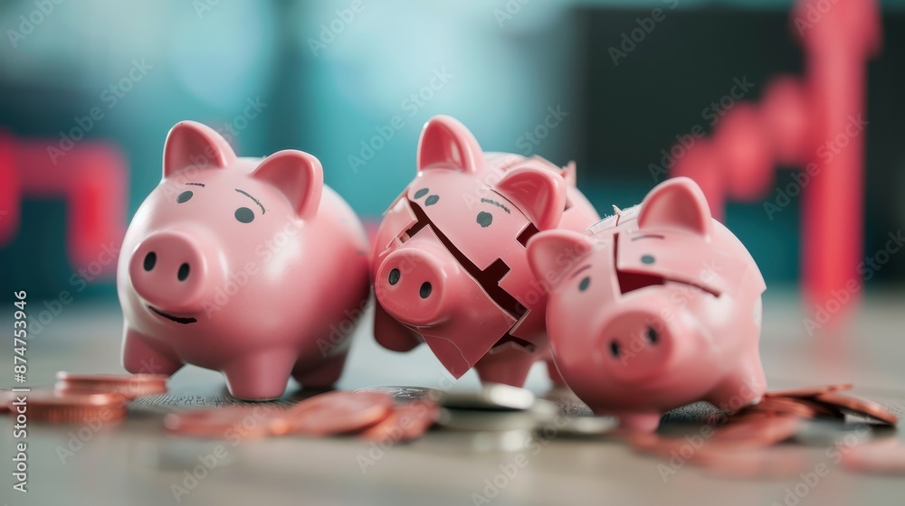 Piggy bank in pieces, declining financial graph, realistic economic downturn Piggy bank in pieces, declining financial graph, realistic economic downturn