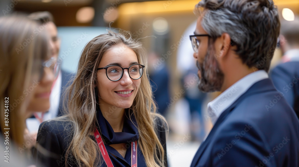 Business professionals engaging in conversation at a networking event, highlighting communication, collaboration, and professional development. Business professionals engaging in conversation at a networking event, highlighting communication, collaboration, and professional development.