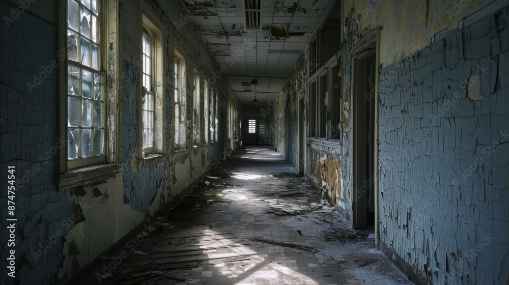 Obraz premium Visions of Decay: Abandoned Hospital's Eerie Hallways and Haunting Shadows