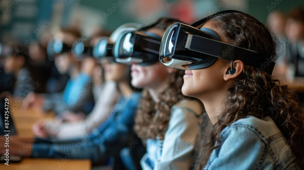 Group of students using virtual reality headsets in a classroom setting, exploring interactive learning and immersive education.