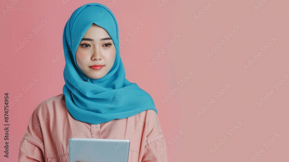 Confident Muslim woman in hijab using a digital tablet. Modern Islam, technology, and female empowerment concept. Confident Muslim woman in hijab using a digital tablet. Modern Islam, technology, and female empowerment concept.