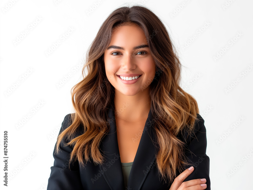 A smiling woman in a black blazer, professional headshot, white background, concept of business or corporate portrait. Generative AI A smiling woman in a black blazer, professional headshot, white background, concept of business or corporate portrait. Generative AI