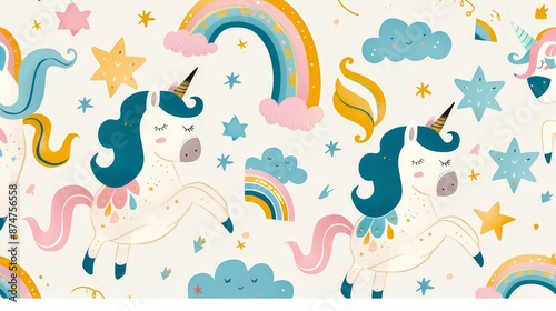 A whimsical pattern featuring mystical unicorns and rainbows, suitable for decor and playful apparel.