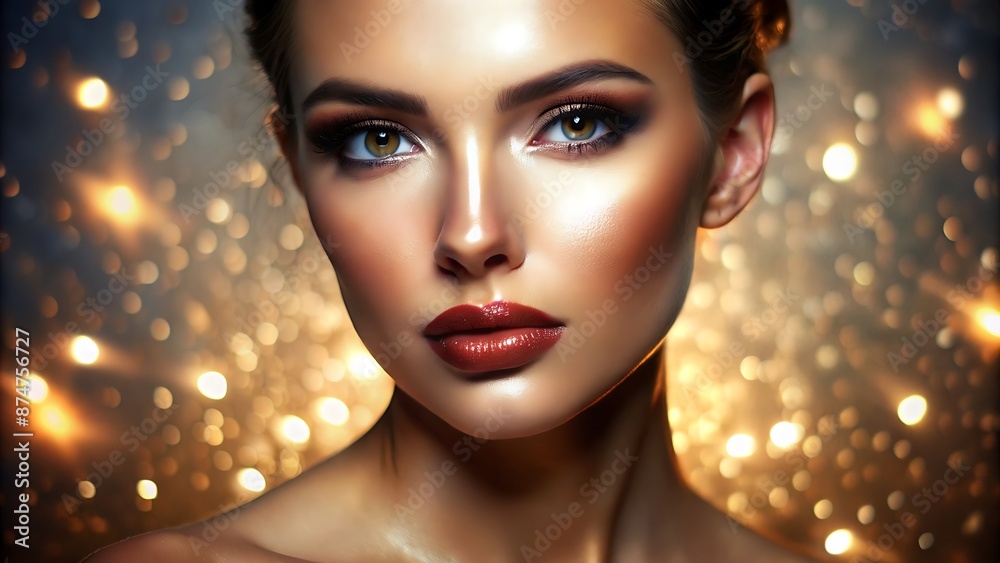 Glowing beauty portrait showcases flawless skin with subtle shine, accentuated by sultry gloss lips, and a hint of radiant highlighter on a stunning, serene face. Glowing beauty portrait showcases flawless skin with subtle shine, accentuated by sultry gloss lips, and a hint of radiant highlighter on a stunning, serene face.