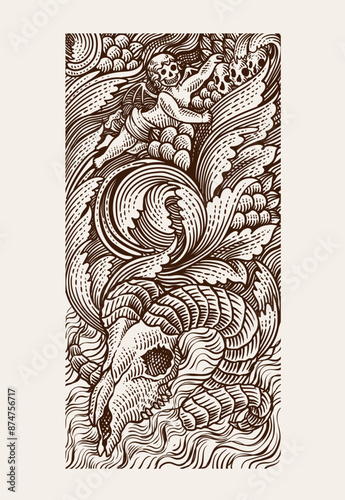 Gothic illustration goat skull with demon and angel engraving ornament hand drawn - Vector illustration