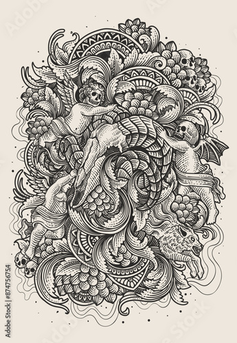 Gothic illustration goat skull with demon and angel engraving ornament hand drawn, Black and white - Vector illustration