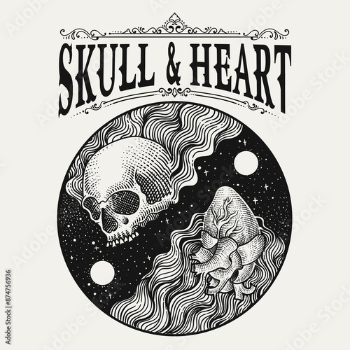 Illustration burning skull and heart hand drawn style - Vector monochrome
