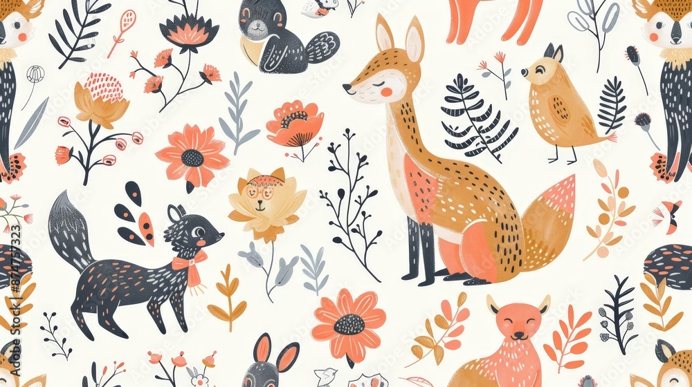 Obraz premium A whimsical pattern featuring playful animals and nature elements, suitable for clothing and nursery decorations.