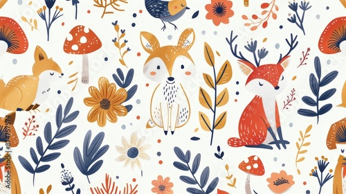 A whimsical pattern featuring playful animals and nature elements, suitable for clothing and nursery decorations.