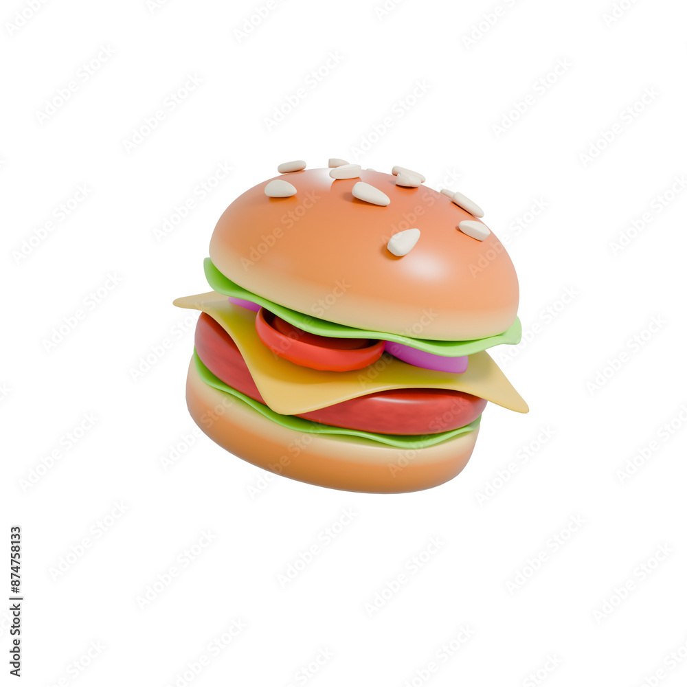 3D Illustration and 3D Icon of Cute and Edible Hamburger with meat, cheese, lettuce, tomatoes, onion and bun on top and botton 3D Illustration and 3D Icon of Cute and Edible Hamburger with meat, cheese, lettuce, tomatoes, onion and bun on top and botton
