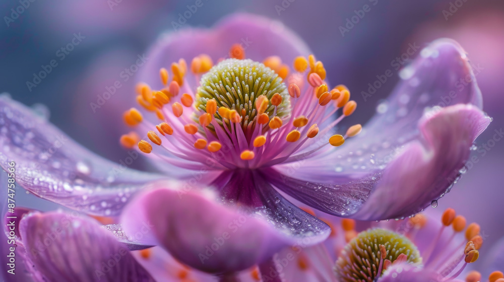 A detailed close-up of a pink flower with delicate dew drops, showcasing its vibrant colors and intricate petals. A detailed close-up of a pink flower with delicate dew drops, showcasing its vibrant colors and intricate petals.
