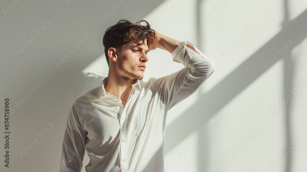 Handsome man in white shirt posing in sunlight, showcasing style and masculinity. Concepts of fashion, confidence, and modern lifestyle. Handsome man in white shirt posing in sunlight, showcasing style and masculinity. Concepts of fashion, confidence, and modern lifestyle.