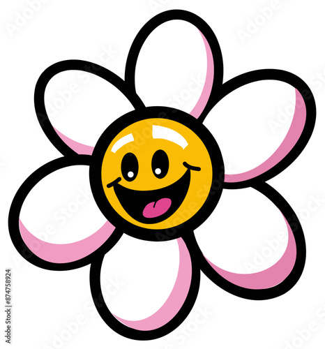 Flower with face. Cool Groovy Sticker Background. y2k pop art girly pink.  Hippie love. 70s and 80s style cute character. Trendy groovy print design for posters, cards, tshirt.