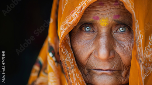 Portrait of an elderly woman with expressive eyes and traditional attire, reflecting wisdom and heritage with copy space photo