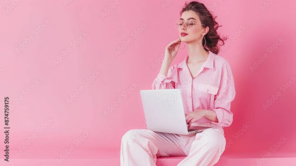 Stylish Woman Working on Laptop on Pink Background, Freelancer, Blogger, Entrepreneur Stylish Woman Working on Laptop on Pink Background, Freelancer, Blogger, Entrepreneur